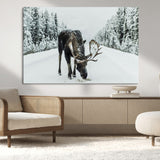 13316292-MGV-CV-36X24-Moose in Snow Wall Art Canvas Print, Framed Winter Wildlife Art Picture Print, Snowy Forest Scene Perfect Rustic Lodge Decor