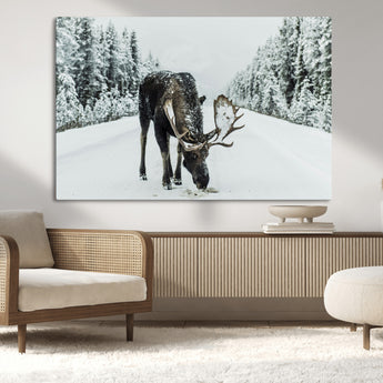 13316292-MGV-CV-36X24-Moose in Snow Wall Art Canvas Print, Framed Winter Wildlife Art Picture Print, Snowy Forest Scene Perfect Rustic Lodge Decor