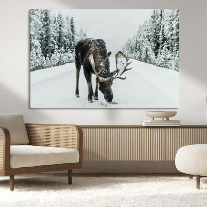 13316292-MGV-CV-36X24-Moose in Snow Wall Art Canvas Print, Framed Winter Wildlife Art Picture Print, Snowy Forest Scene Perfect Rustic Lodge Decor