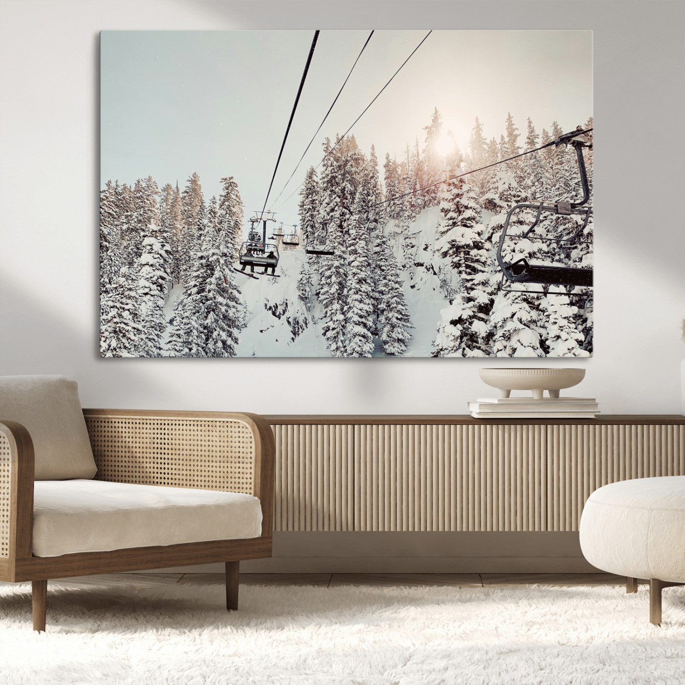 91534512-MGV-CV-36X24-Frosty Pines Wall Art Canvas Print, Framed Cozy Cabin View Art Picture Print, Ski Lift Ride Perfect Rustic Lodge Decor Artwork
