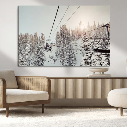91534512-MGV-CV-36X24-Frosty Pines Wall Art Canvas Print, Framed Cozy Cabin View Art Picture Print, Ski Lift Ride Perfect Rustic Lodge Decor Artwork