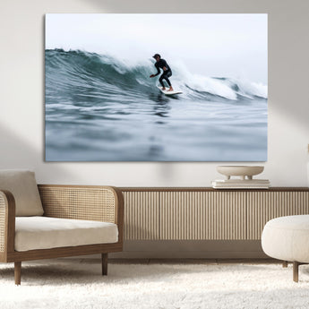 11693607-MGV-CV-36X24-Surfer on Wave Wall Art Canvas Print, Framed Ocean Adventure Art Picture Print, Motion Blur Water Perfect Coastal Adventure Decor