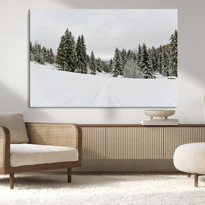 24581417-MGV-CV-36X24-Frosty Pines Wall Art Canvas Print, Framed Silent Snowfall Art Picture Print, Cozy Cabin Vibes Perfect Nordic Minimalist Decor