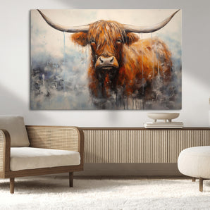 X61001-MGV-CV-36X24-Scottish Highland Wall Art Canvas Print, Framed Longhorn Art Picture Print, Western Cow Perfect Farmhouse Decor Artwork