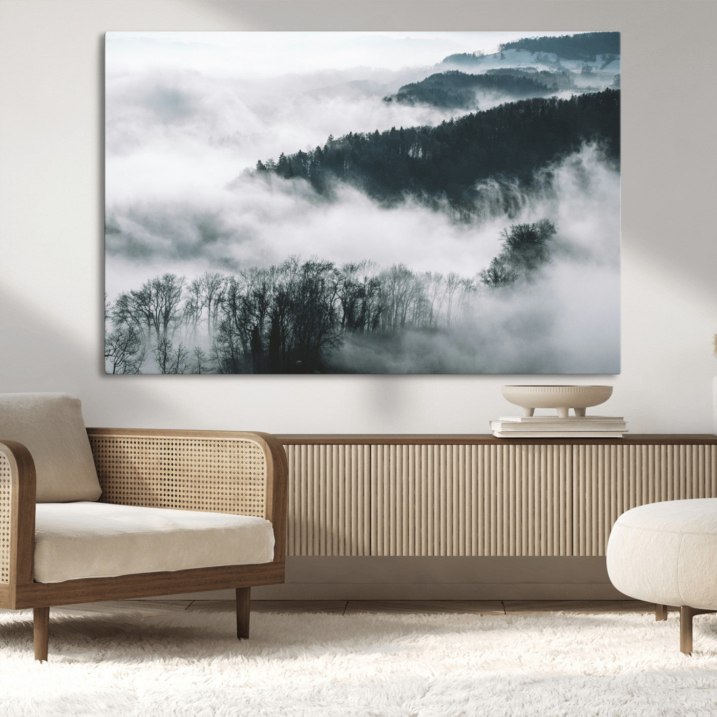 67569654-MGV-CV-36X24-Foggy Forest Wall Art – Mist Covered Hills and Trees Landscape Canvas Print, Moody Nature Photography Decor for Living Room,