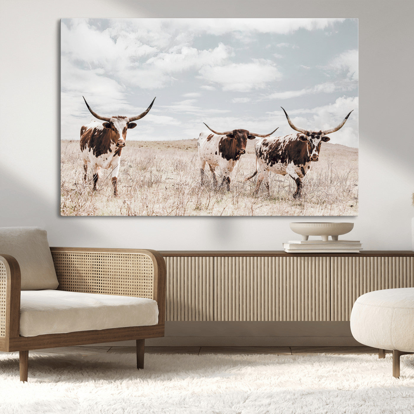 65621083-MGV-CV-36X24-Texas Longhorn Wall Art – Rustic Western Cattle Canvas Print, Southwestern Ranch Photography Decor for Living Room, Office,