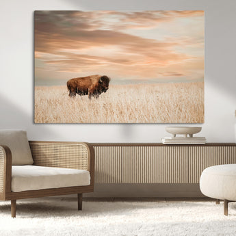 20306324-MGV-CV-36X24-Bison Wall Art – Lone American Buffalo Prairie Sunset Canvas Print, Rustic Western Wildlife Photography Decor for Living Room,