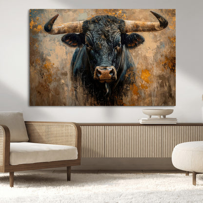91615410-MGV-CV-36X24-Bull Wall Art – Rustic Western Longhorn Canvas Print, Powerful Abstract Animal Painting, Farmhouse Ranch Decor for Living Room,
