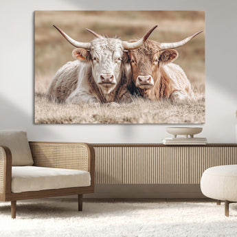 38651722-MGV-CV-36X24-Cow Wall Art – Rustic Longhorn Pair Canvas Print, Western Farmhouse Animal Painting, Country Ranch Decor for Living Room, Bedroom,