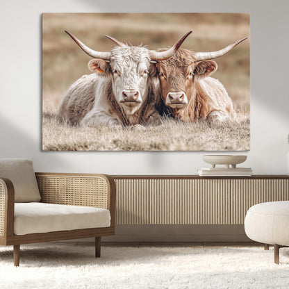 38651722-MGV-CV-36X24-Cow Wall Art – Rustic Longhorn Pair Canvas Print, Western Farmhouse Animal Painting, Country Ranch Decor for Living Room, Bedroom,