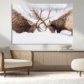 99240306-MGV-CV-36X24-Elk Wall Art – Two Bull Elk Fighting in Snow Canvas Print, Rustic Wildlife Artwork for Cabin, Lodge, Western Farmhouse, Nature &