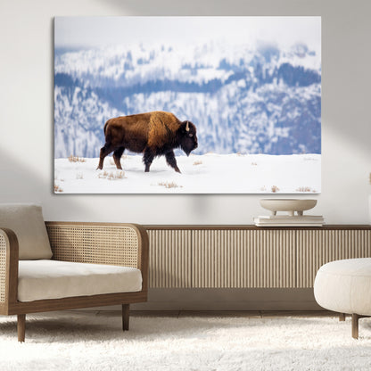 21623194-MGV-CV-36X24-Snow Bison Wall Art – Majestic Buffalo Wildlife Canvas Print, Winter Nature Décor for Rustic Living Room, Farmhouse, Cabin, Lodge