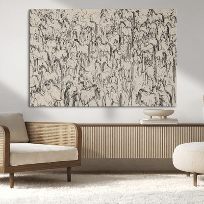 12358908-MGV-CV-36X24-Horse Herd Sketch Wall Art – Abstract Wild Horses Line Drawing Canvas Print, Rustic Western Style Equestrian Decor for Living