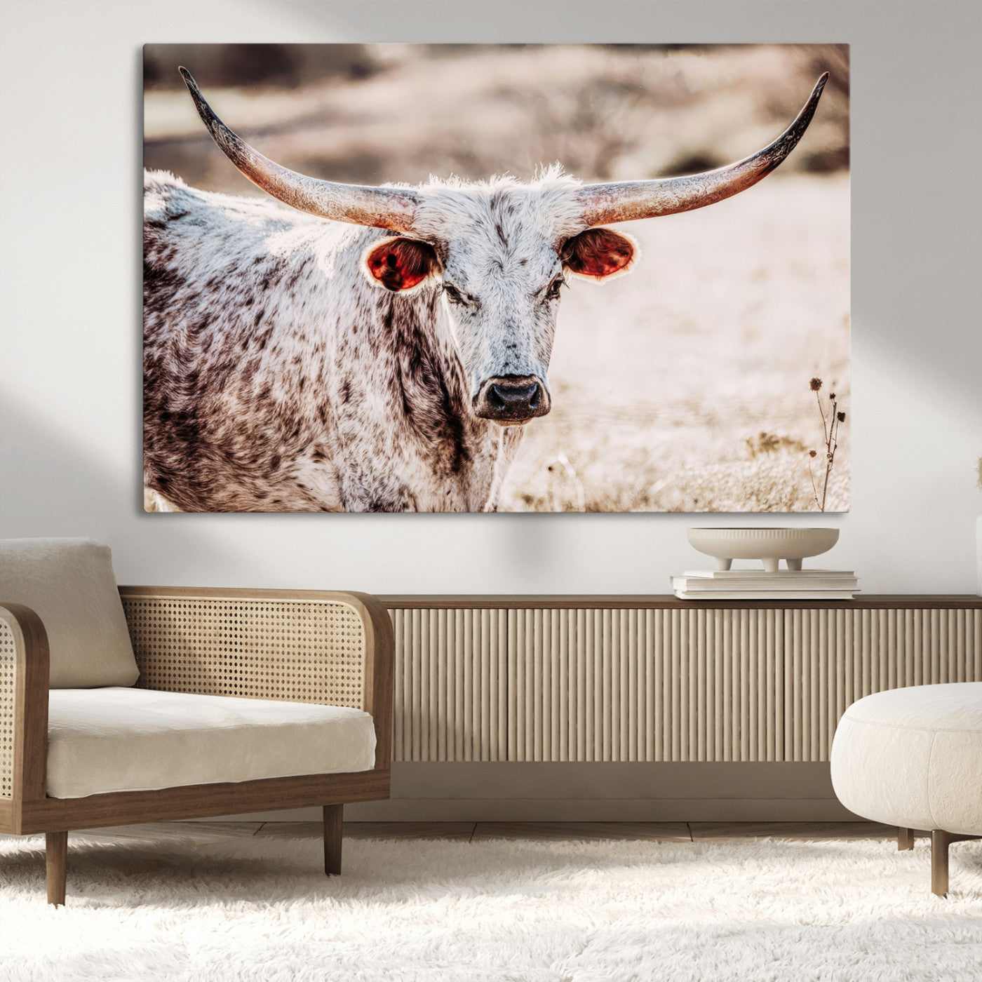 72388892-MGV-CV-36X24-Texas Longhorn Wall Art – Rustic Western Canvas Print, Cowboy Style Farmhouse Bull Artwork for Living Room, Ranch, Office or Man