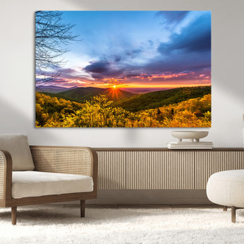 25786346-MGV-CV-36X24-Sunset Over Mountains Wall Art – Nature Landscape Canvas Print, Golden Hour Forest Photography, Scenic Sunrise Artwork for Living