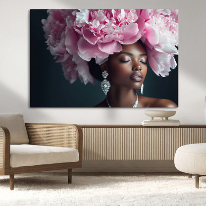 35482880-MGV-CV-36X24-Floral Portrait Wall Art – Elegant Woman with Pink Peony Headpiece Canvas Print, Luxury Fashion Inspired Artwork, Modern Glam