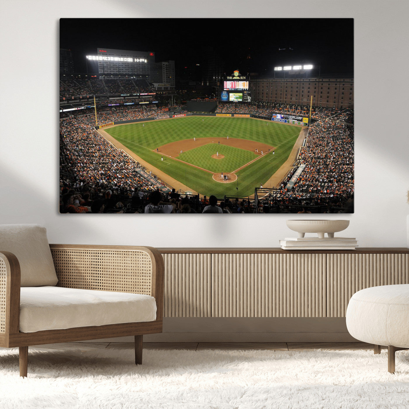 26445161-MGV-CV-36X24-Baseball Stadium at Night – Panoramic Ballpark Canvas Wall Art, Sports Decor for Man Cave, Office, Game Room, Sports Bar, Baseball