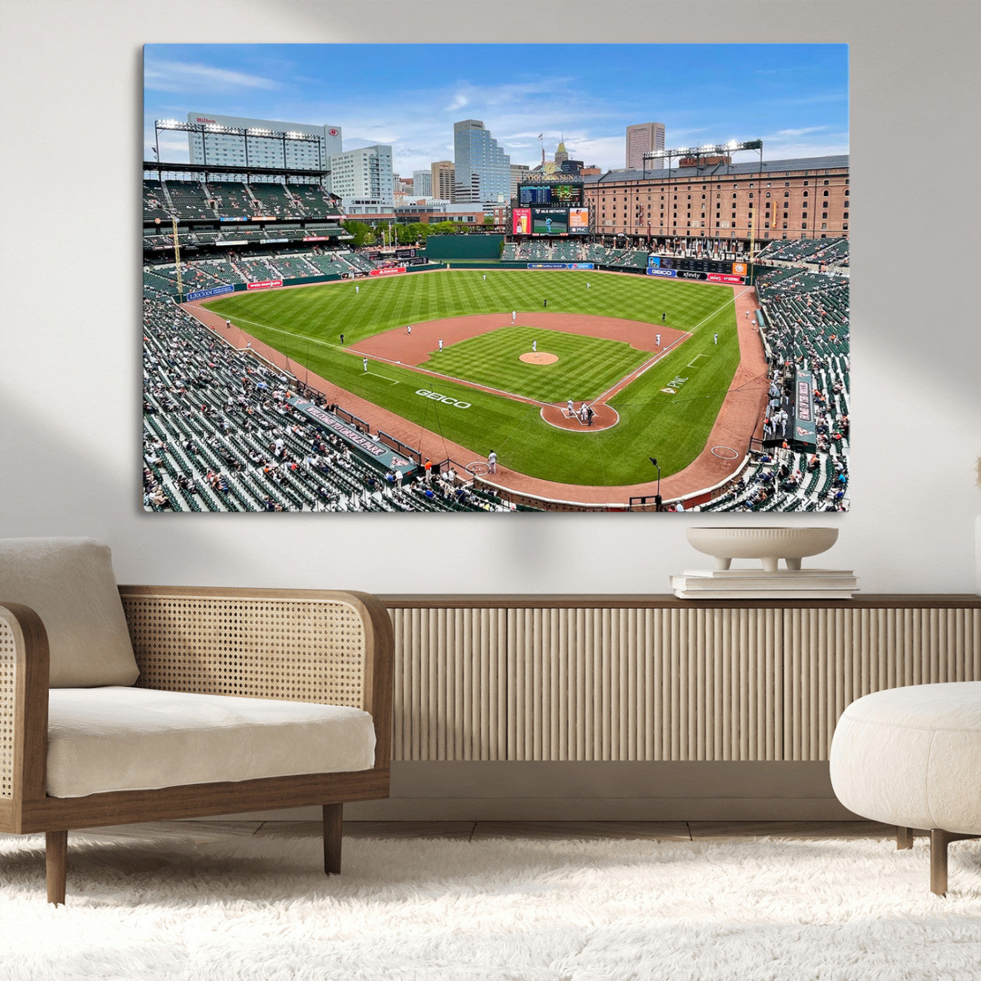 76426407-MGV-CV-36X24-Baseball Stadium Daytime – Panoramic Ballpark Canvas Wall Art, Sports Decor for Office, Man Cave, Game Room, Sports Bar, Baseball