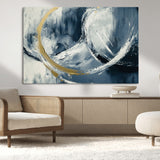 97295757-MGV-CV-36X24-Abstract Blue and Gold Wall Art – Modern Luxury Canvas Print, Navy White Brushstroke Painting, Contemporary Living Room Office