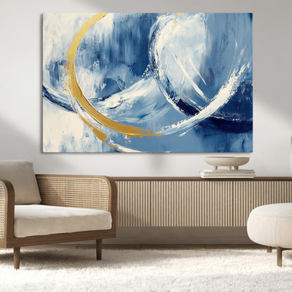 42475677-MGV-CV-36X24-Blue and Gold Abstract Wall Art – Modern Luxury Canvas Print, Navy White Brushstroke Painting, Contemporary Home Office Living