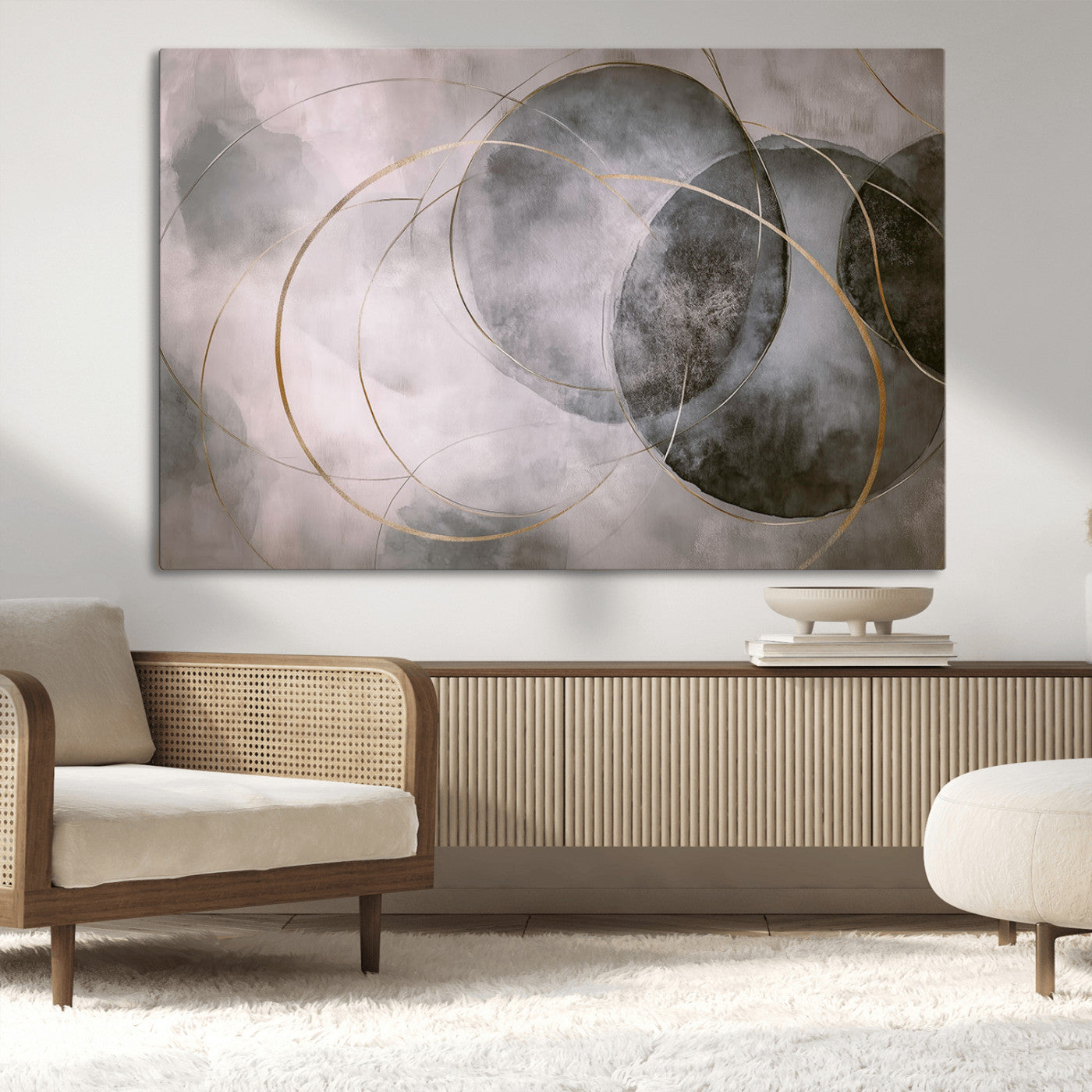 20066876-MGV-CV-36X24-Neutral Abstract Circle Wall Art – Modern Gray Beige Gold Canvas Print, Minimalist Geometric Painting for Bedroom, Living Room,