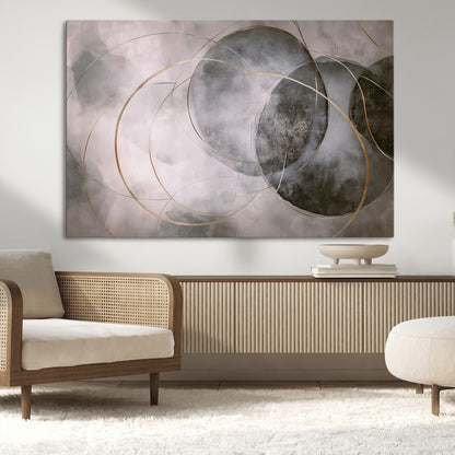 20066876-MGV-CV-36X24-Neutral Abstract Circle Wall Art – Modern Gray Beige Gold Canvas Print, Minimalist Geometric Painting for Bedroom, Living Room,