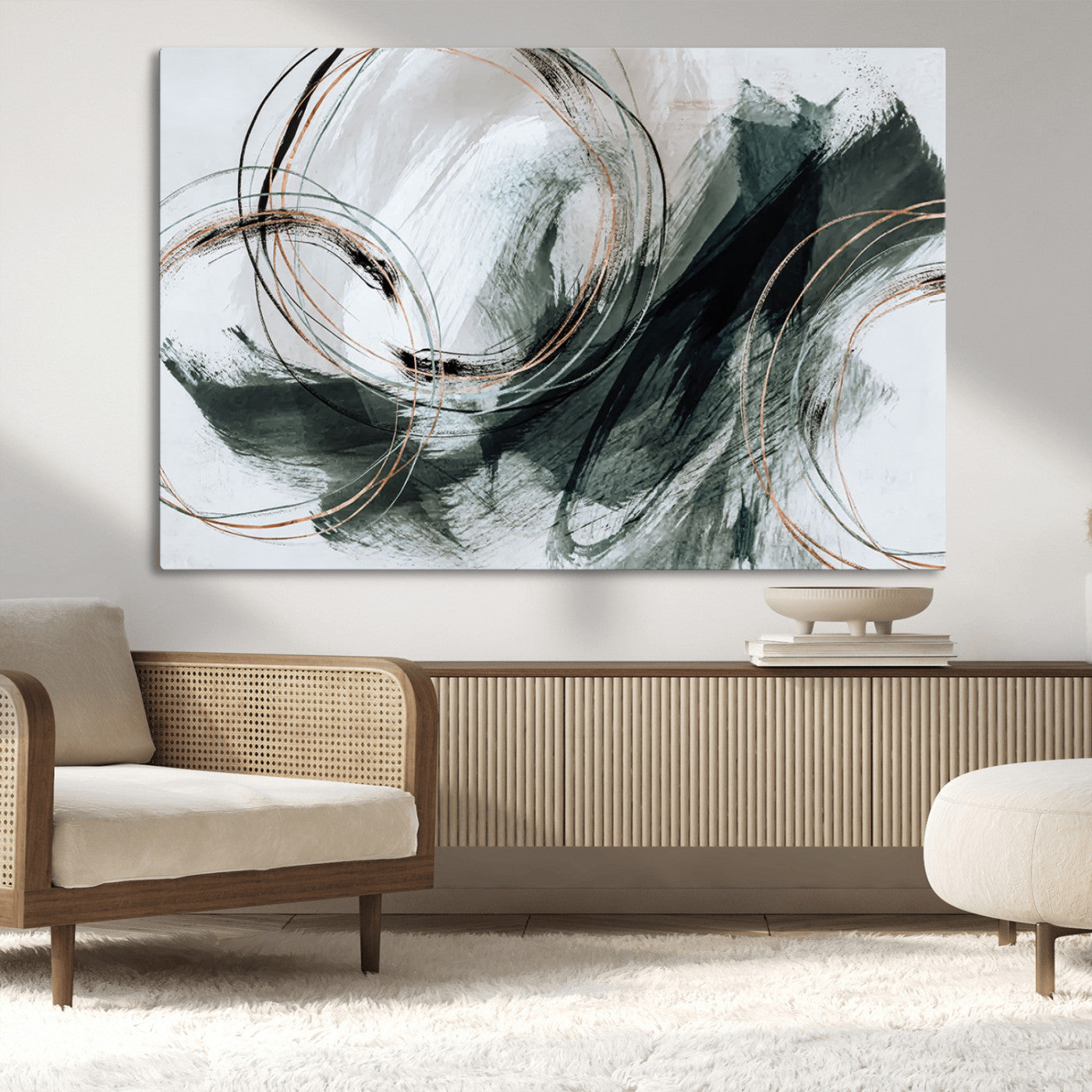 86583265-SEG-FC-90X60_Oversize_Oversize-Black and Gray Abstract Wall Art – Modern Copper Circle Canvas Print, Contemporary Minimalist Painting for Living Room, Bedroom,