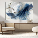 49589477-MGV-CV-36X24-Blue Abstract Wall Art – Modern Circle Canvas Print with Gold and Black Accents, Contemporary Fluid Brushstroke Painting for