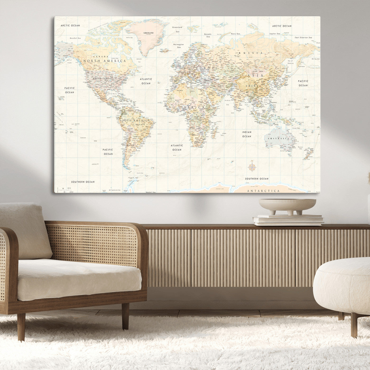 40660043-MGV-CV-36X24-World Map Wall Art – Large Detailed Atlas Style Map Print with Countries, Cities, and Oceans, Neutral Beige and Tan Educational