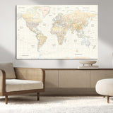 40660043-MGV-CV-36X24-World Map Wall Art – Large Detailed Atlas Style Map Print with Countries, Cities, and Oceans, Neutral Beige and Tan Educational