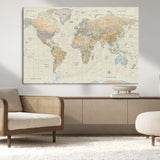 41929777-MGV-CV-36X24-World Map Wall Art – Large Detailed Political Atlas Style Map Print with Countries, Cities, and Oceans, Warm Earth Tone