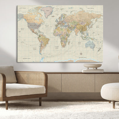 41929777-MGV-CV-36X24-World Map Wall Art – Large Detailed Political Atlas Style Map Print with Countries, Cities, and Oceans, Warm Earth Tone