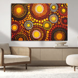 81120549-MGV-CV-36X24-Abstract Dot Painting Wall Art – Vibrant Tribal Boho Style Canvas Print with Sunburst Mandala Circles in Warm Red, Yellow, Orange