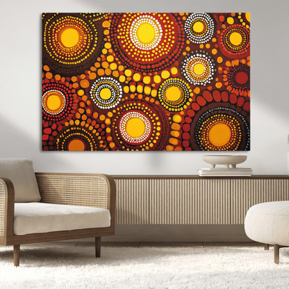 81120549-MGV-CV-36X24-Abstract Dot Painting Wall Art – Vibrant Tribal Boho Style Canvas Print with Sunburst Mandala Circles in Warm Red, Yellow, Orange