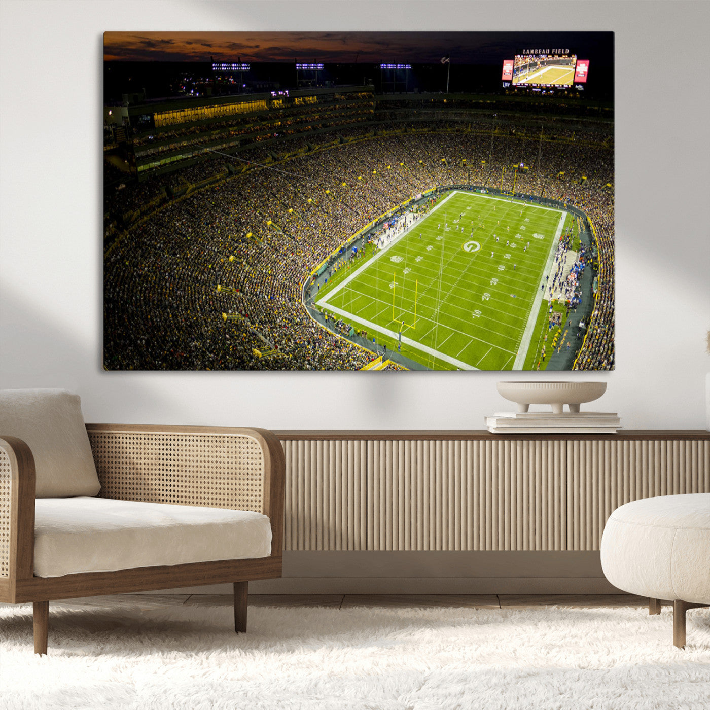 23655234-MGV-CV-36X24-Lambeau Field Stadium Wall Art – American Football Night Game Canvas Print with Packed Crowd and Lights – Sports Decor for Man