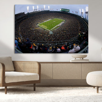 14387817-MGV-CV-36X24-Lambeau Field Stadium Wall Art – Green Bay Packers Game Day Canvas Print with Fireworks and Crowd – NFL Football Fan Man Cave
