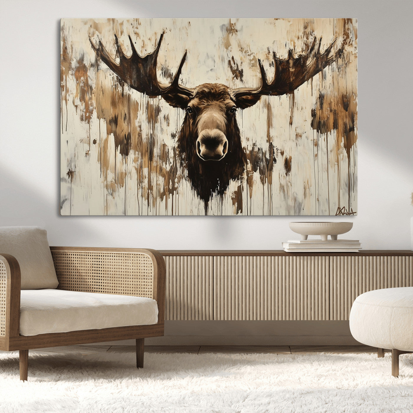 34496536-MGV-CV-36X24-Rustic Moose Wall Art – Modern Abstract Animal Canvas Print – Majestic Moose Head Painting with Neutral Earth Tones for Cabin,