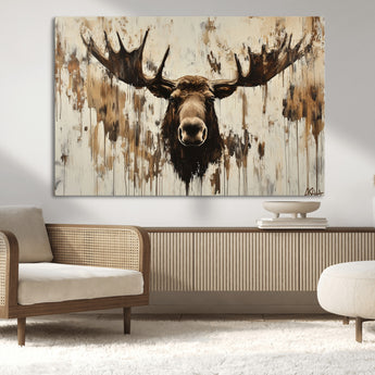 34496536-MGV-CV-36X24-Rustic Moose Wall Art – Modern Abstract Animal Canvas Print – Majestic Moose Head Painting with Neutral Earth Tones for Cabin,