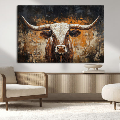 25265572-MGV-CV-36X24-Longhorn Bull Wall Art – Rustic Western Texas Steer Canvas Print, Textured Animal Painting for Home, Office, Man Cave or Farmhouse