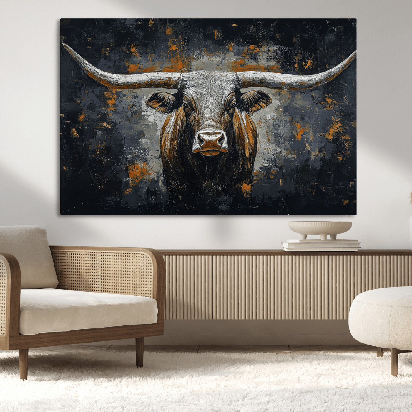 93195031-MGV-CV-36X24-Dark Longhorn Bull Wall Art – Western Steer Canvas Print, Moody Rustic Animal Painting for Man Cave, Ranch House, Office or Modern