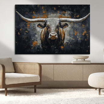 93195031-MGV-CV-36X24-Dark Longhorn Bull Wall Art – Western Steer Canvas Print, Moody Rustic Animal Painting for Man Cave, Ranch House, Office or Modern