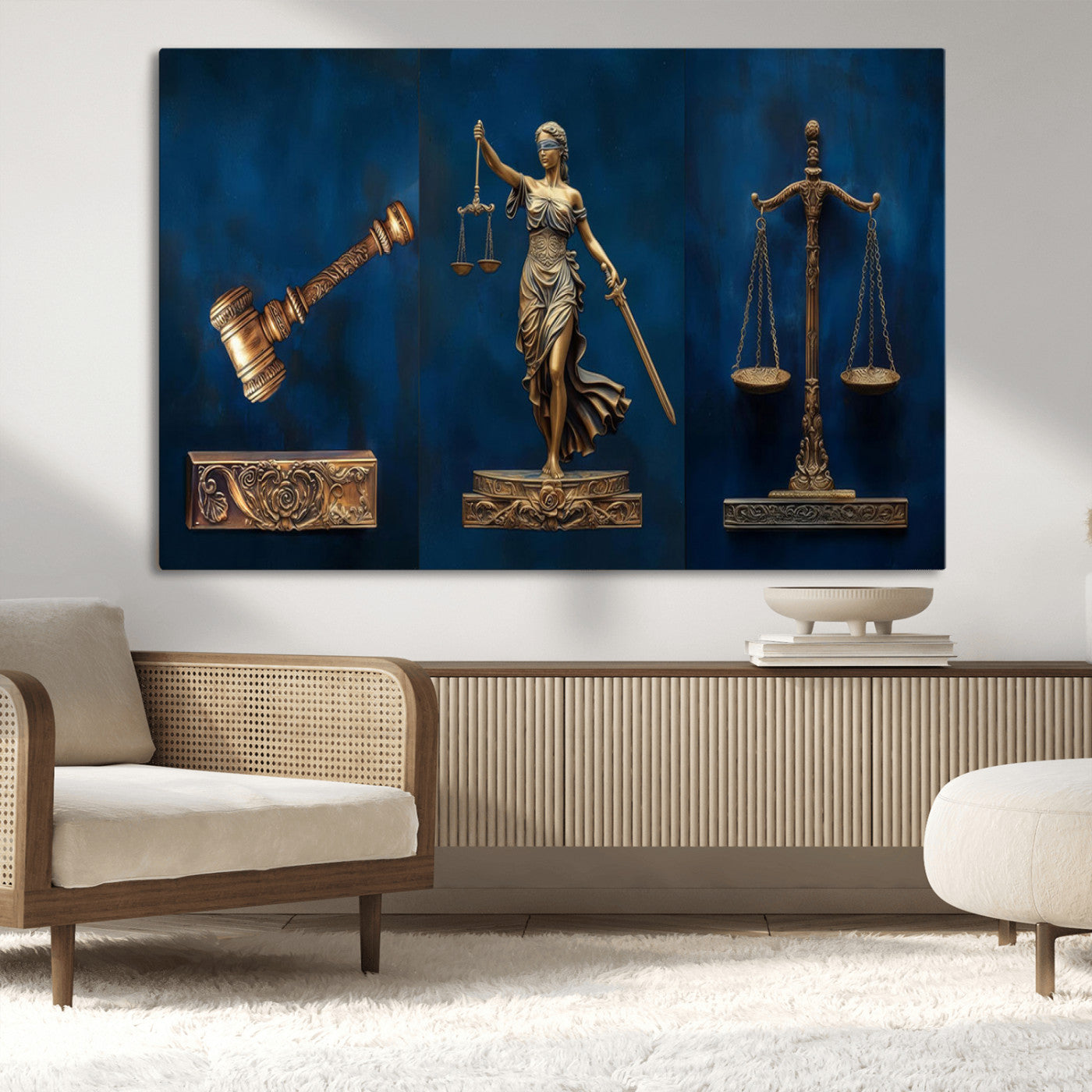 91629053-MGV-CV-36X24-Lady Justice Wall Art – Golden Gavel and Scales Canvas Print, Elegant Legal Office Decor for Lawyers, Judges, Courtroom or Study