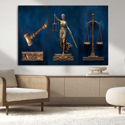 91629053-MGV-CV-36X24-Lady Justice Wall Art – Golden Gavel and Scales Canvas Print, Elegant Legal Office Decor for Lawyers, Judges, Courtroom or Study