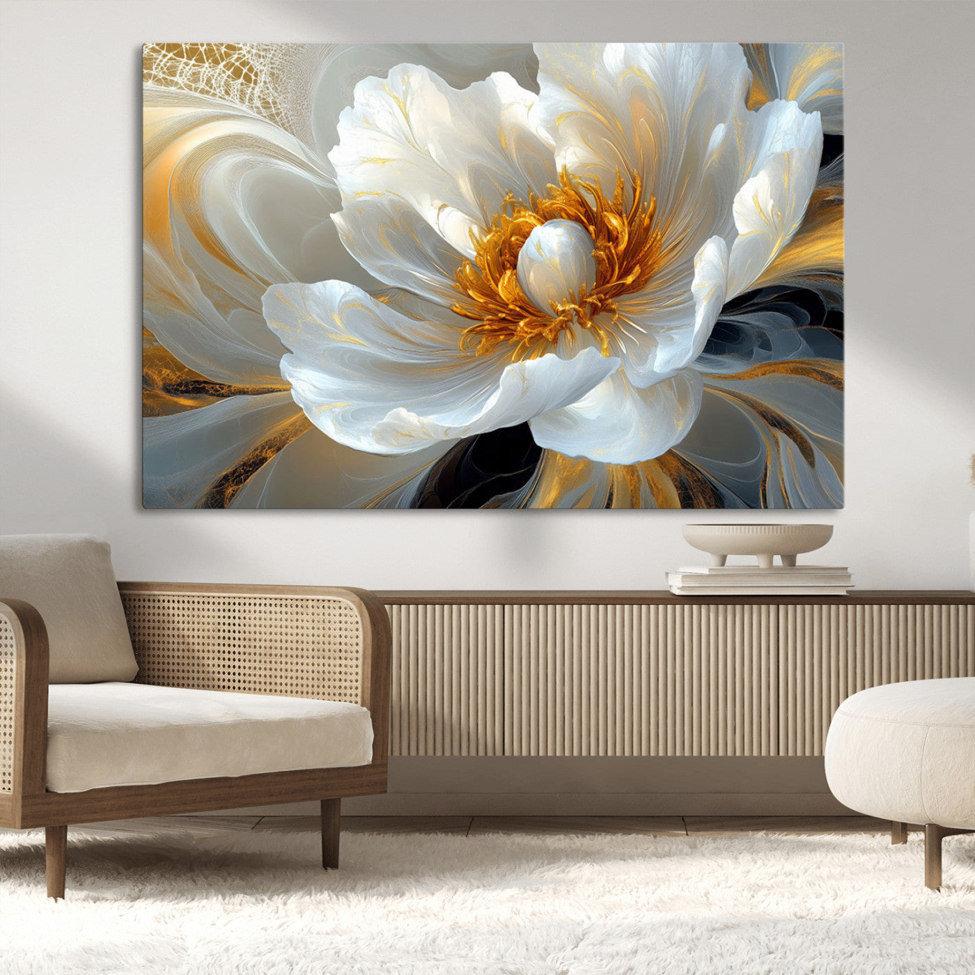 39604126-MGV-CV-36X24-Abstract Flower Wall Art – Elegant White and Gold Bloom Canvas Print, Modern Floral Artwork for Bedroom, Living Room, or Office
