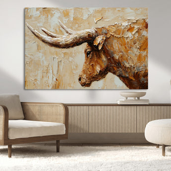 69611428-MGV-CV-36X24-Longhorn Bull Wall Art – Rustic Western Canvas Print, Textured Farmhouse Cattle Painting for Living Room, Office, or Ranch House