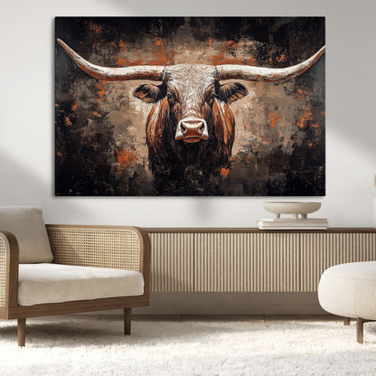 24779067-MGV-CV-36X24-Longhorn Bull Wall Art – Western Rustic Canvas Print, Bold Cowboy Cattle Painting for Ranch House, Farmhouse, Office, or Living