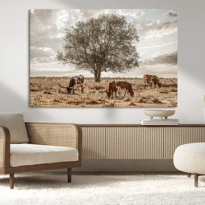 87590224-MGV-CV-36X24-Longhorn Cattle Wall Art – Rustic Western Landscape Canvas Print, Texas Farmhouse Prairie Scene for Living Room, Office, or Ranch