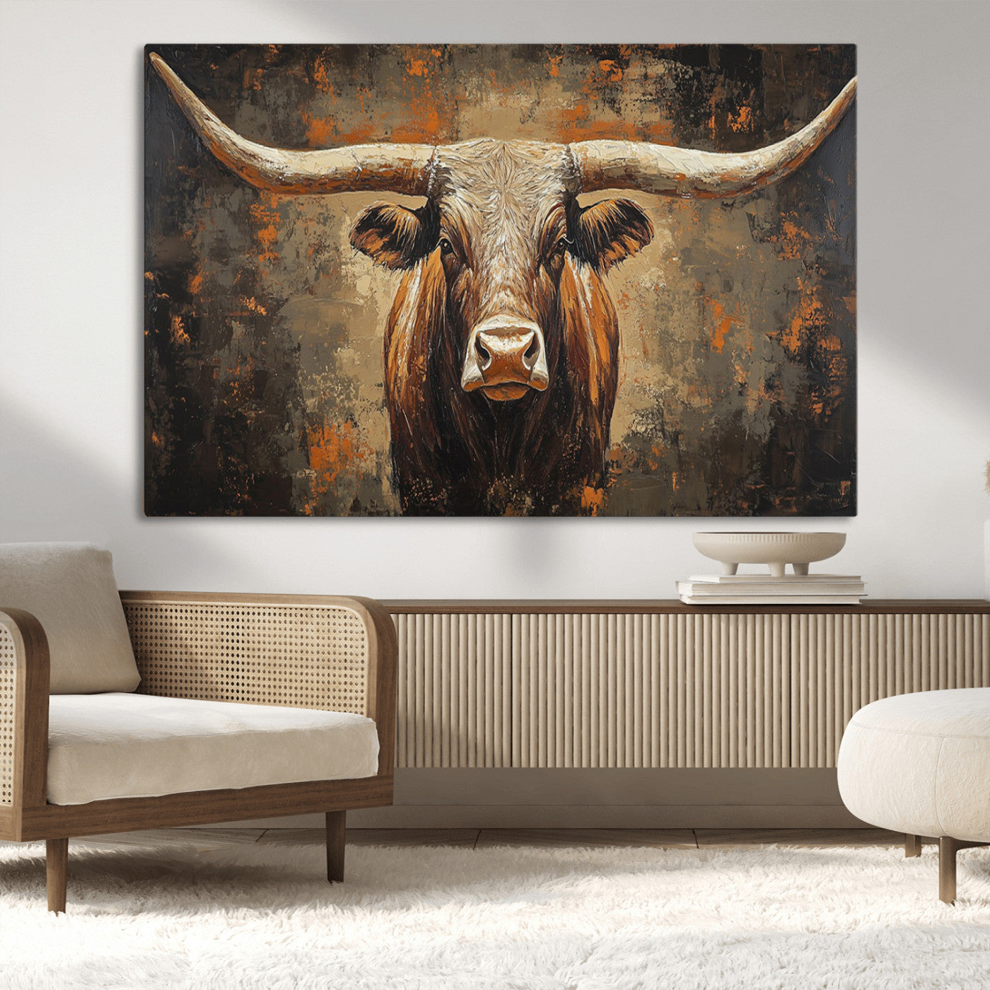 19204445-MGV-CV-36X24-Texas Longhorn Bull Wall Art – Rustic Western Canvas Print, Bold Cowboy Cattle Painting for Ranch House, Farmhouse, Office, or