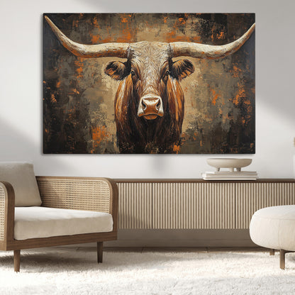 19204445-MGV-CV-36X24-Texas Longhorn Bull Wall Art – Rustic Western Canvas Print, Bold Cowboy Cattle Painting for Ranch House, Farmhouse, Office, or