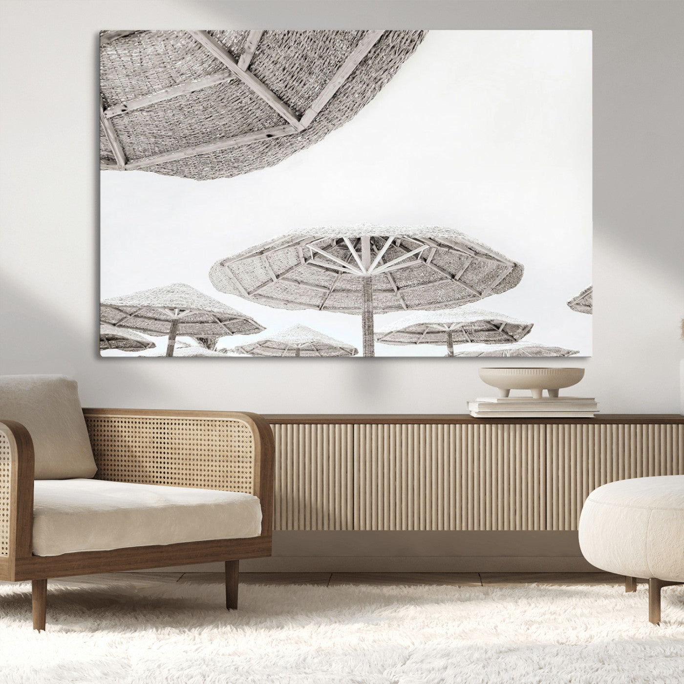 97043123-MGV-CV-36X24-Beach Umbrella Wall Art – Minimalist Coastal Canvas Print, Woven Parasol Summer Decor for Bedroom, Living Room, or Modern Beach